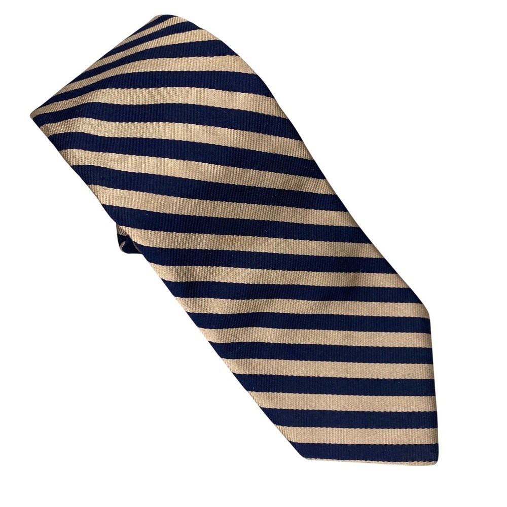 VTG Reis of‎ New Haven Repp Tie Mens Striped Black Tan Preppy Academia 58x3.5